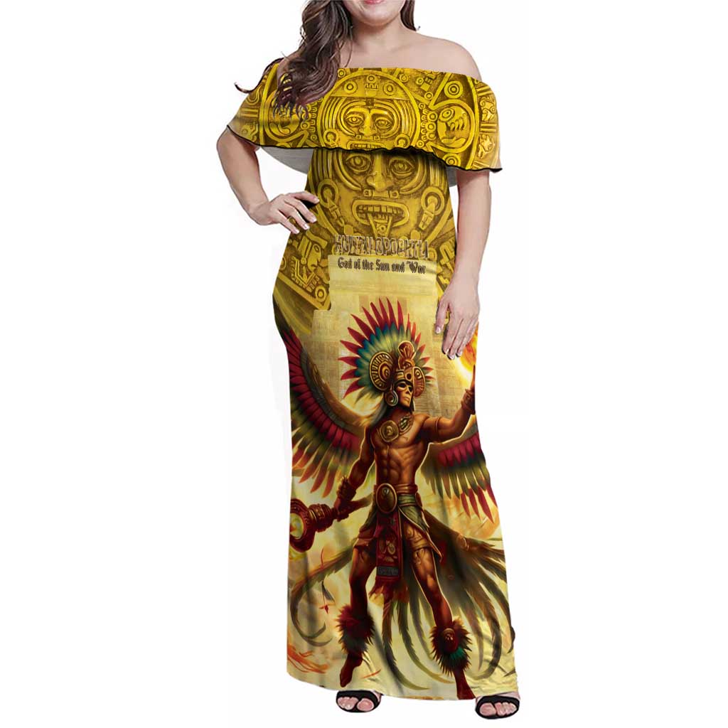 Mexico Panquetzaliztli Family Matching Off Shoulder Maxi Dress and Hawaiian Shirt Huitzilopochtli - Aztec God of Sun and War - Wonder Print Shop