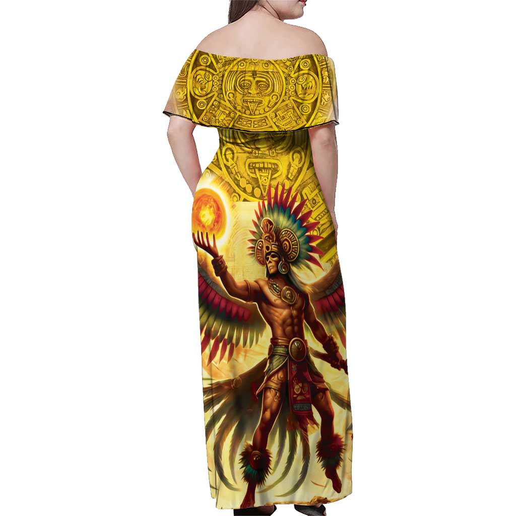 Mexico Panquetzaliztli Family Matching Off Shoulder Maxi Dress and Hawaiian Shirt Huitzilopochtli - Aztec God of Sun and War - Wonder Print Shop
