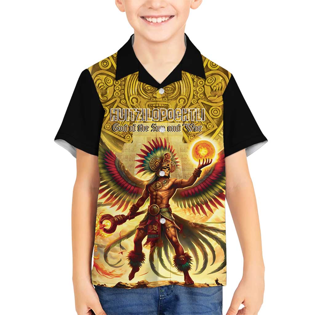 Mexico Panquetzaliztli Family Matching Off Shoulder Maxi Dress and Hawaiian Shirt Huitzilopochtli - Aztec God of Sun and War - Wonder Print Shop