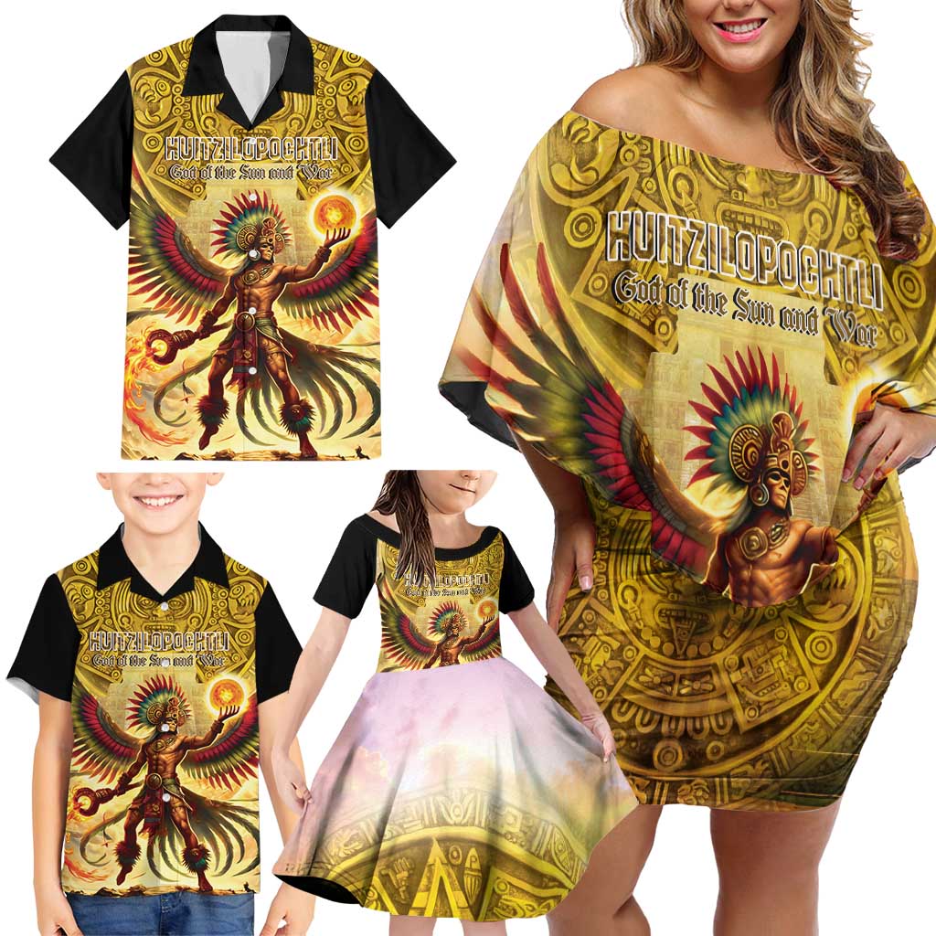 Mexico Panquetzaliztli Family Matching Off Shoulder Short Dress and Hawaiian Shirt Huitzilopochtli - Aztec God of Sun and War - Wonder Print Shop