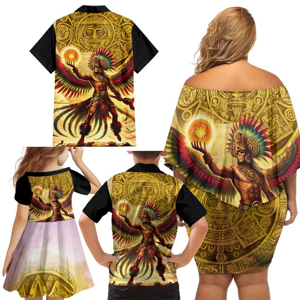 Mexico Panquetzaliztli Family Matching Off Shoulder Short Dress and Hawaiian Shirt Huitzilopochtli - Aztec God of Sun and War - Wonder Print Shop