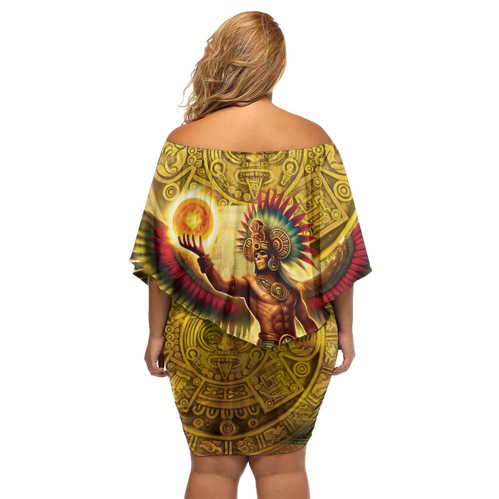 Mexico Panquetzaliztli Family Matching Off Shoulder Short Dress and Hawaiian Shirt Huitzilopochtli - Aztec God of Sun and War - Wonder Print Shop