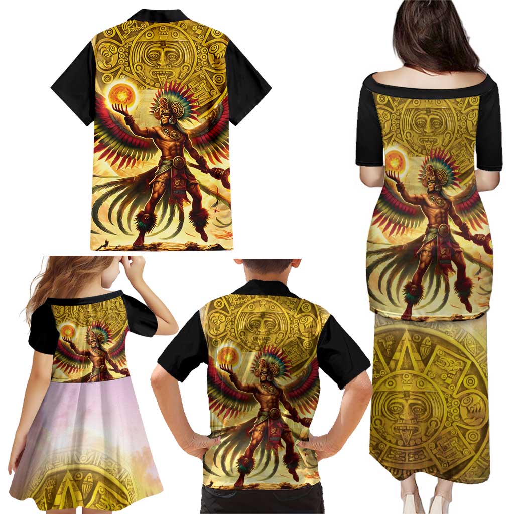 Mexico Panquetzaliztli Family Matching Puletasi and Hawaiian Shirt Huitzilopochtli - Aztec God of Sun and War - Wonder Print Shop