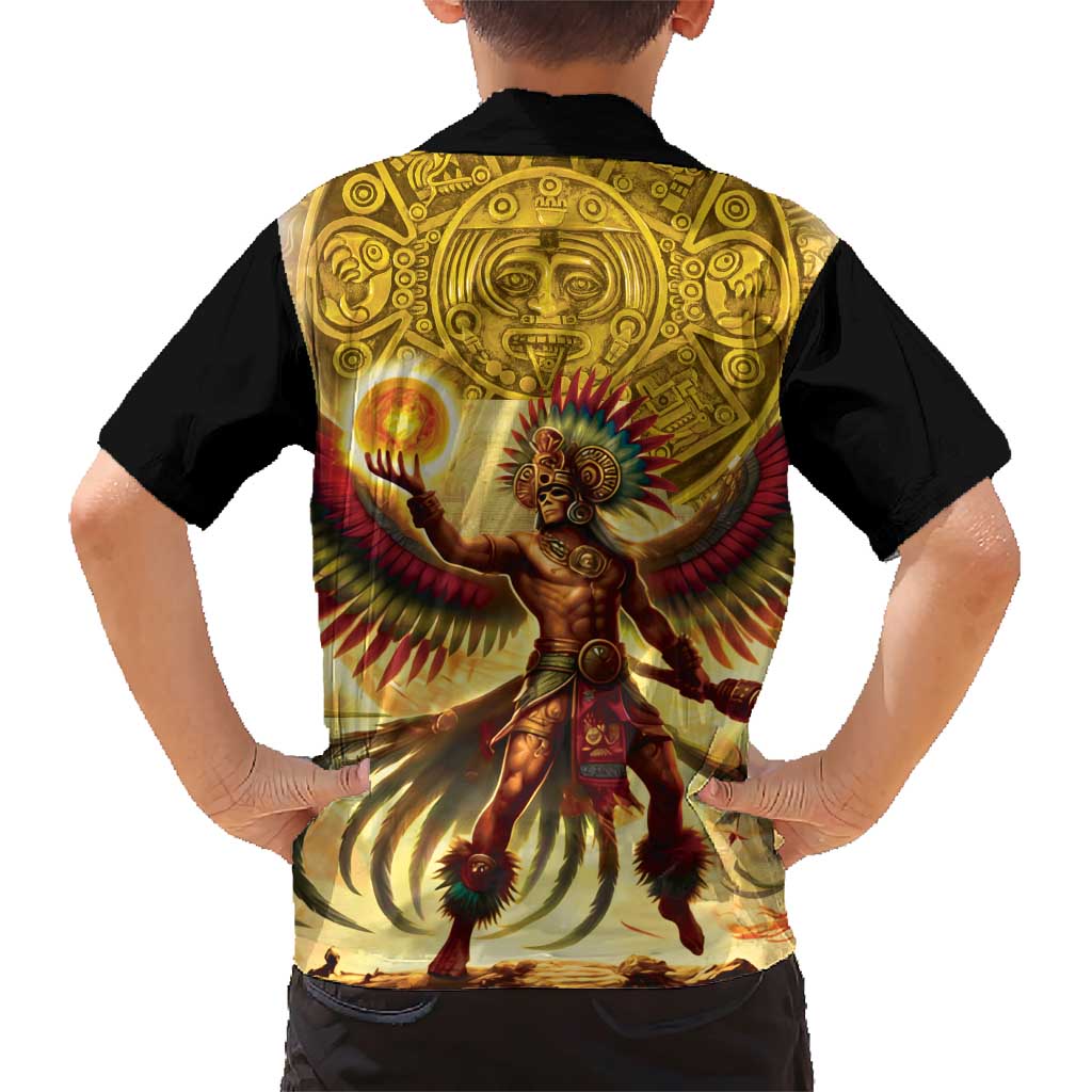 Mexico Panquetzaliztli Family Matching Short Sleeve Bodycon Dress and Hawaiian Shirt Huitzilopochtli - Aztec God of Sun and War - Wonder Print Shop