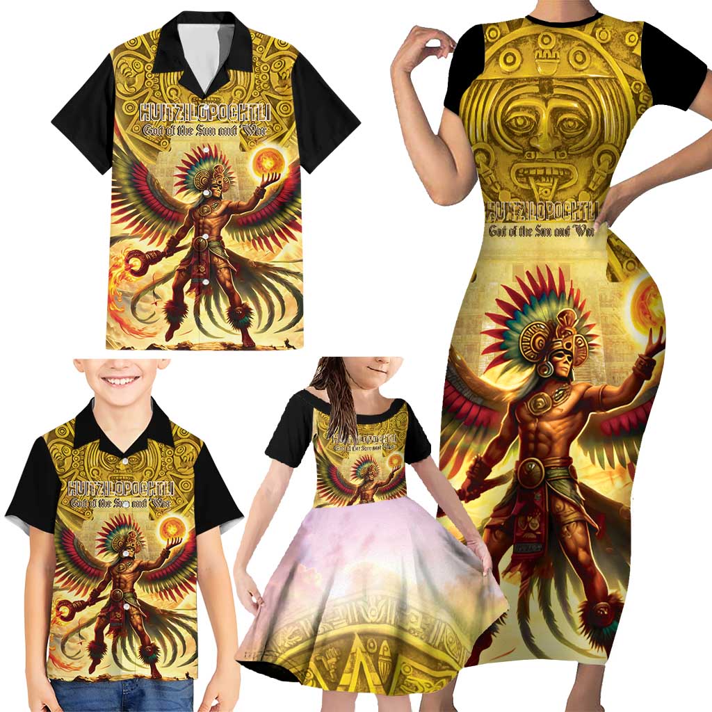Mexico Panquetzaliztli Family Matching Short Sleeve Bodycon Dress and Hawaiian Shirt Huitzilopochtli - Aztec God of Sun and War - Wonder Print Shop