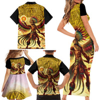 Mexico Panquetzaliztli Family Matching Short Sleeve Bodycon Dress and Hawaiian Shirt Huitzilopochtli - Aztec God of Sun and War - Wonder Print Shop