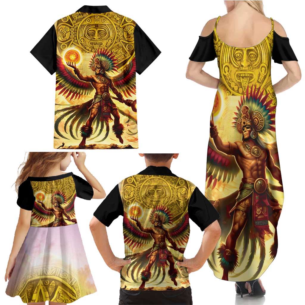 Mexico Panquetzaliztli Family Matching Summer Maxi Dress and Hawaiian Shirt Huitzilopochtli - Aztec God of Sun and War - Wonder Print Shop