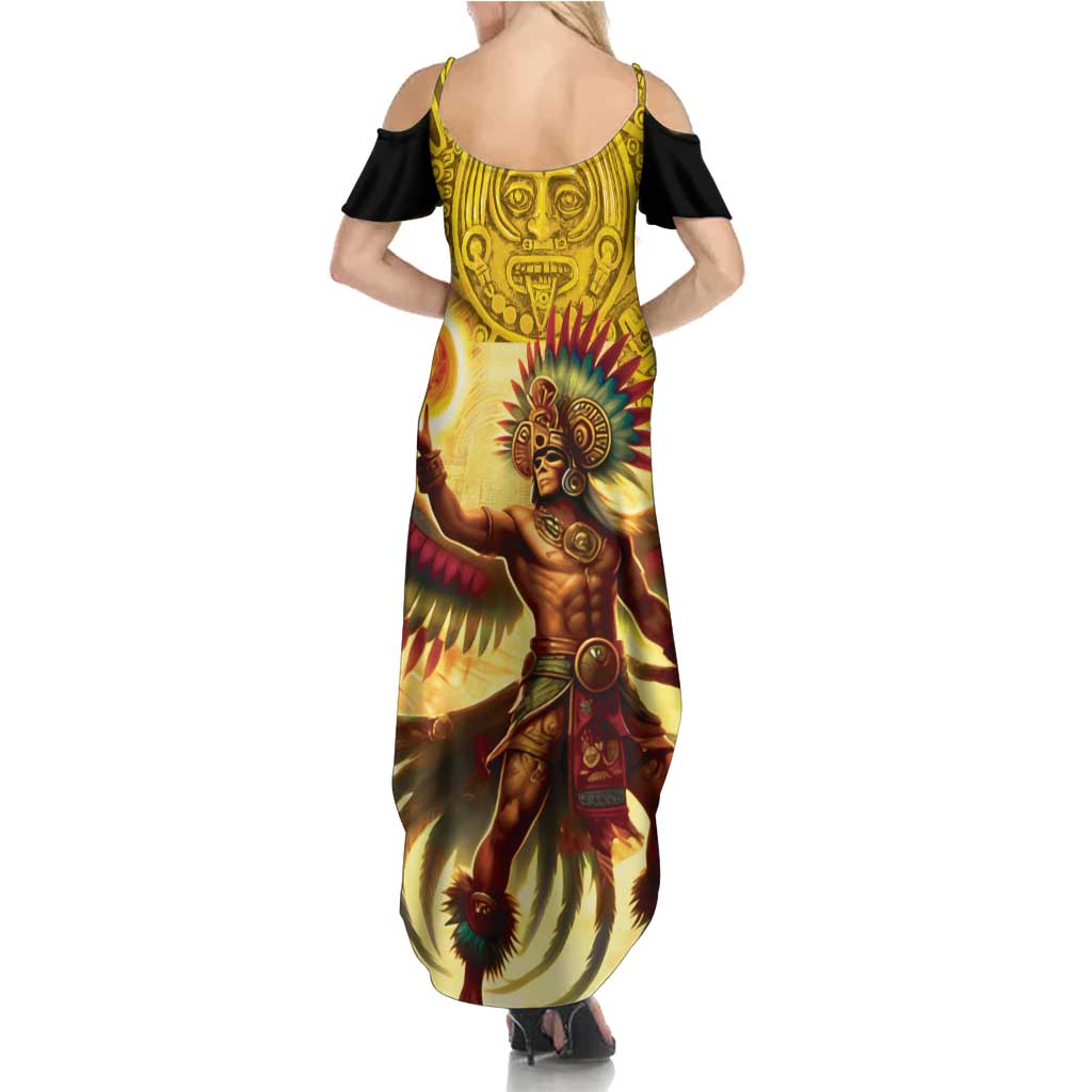 Mexico Panquetzaliztli Family Matching Summer Maxi Dress and Hawaiian Shirt Huitzilopochtli - Aztec God of Sun and War - Wonder Print Shop