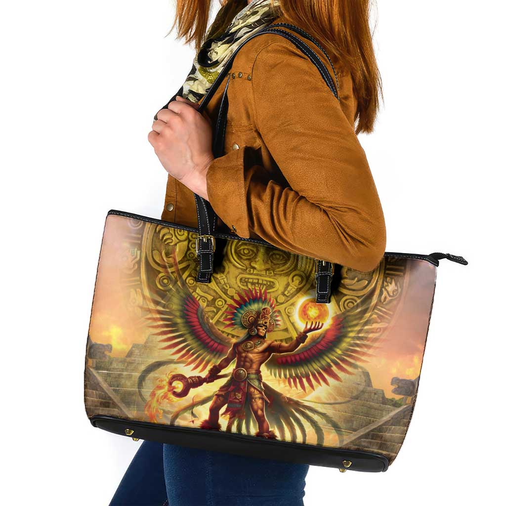 Mexico Panquetzaliztli Leather Tote Bag Huitzilopochtli - Aztec God of Sun and War - Wonder Print Shop