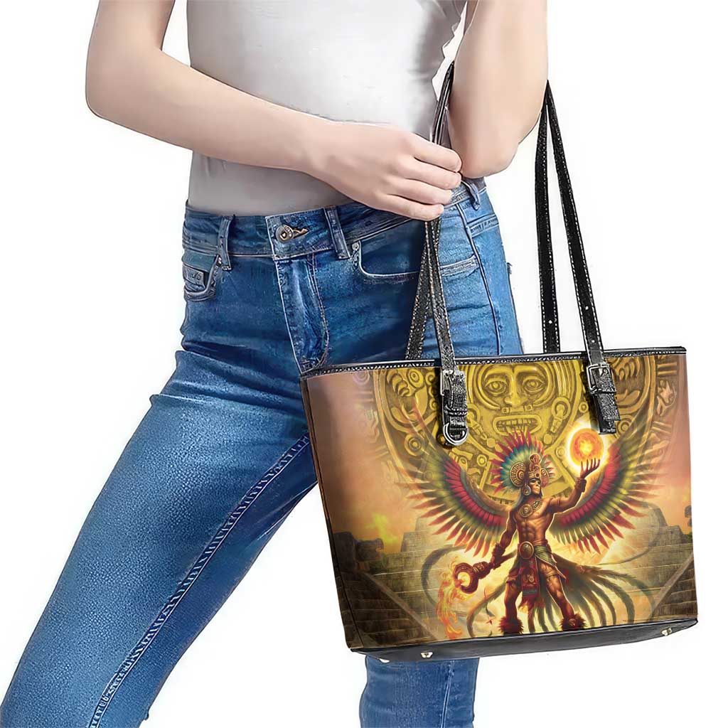 Mexico Panquetzaliztli Leather Tote Bag Huitzilopochtli - Aztec God of Sun and War - Wonder Print Shop