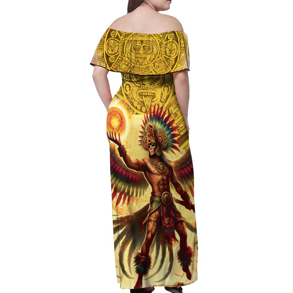 Mexico Panquetzaliztli Off Shoulder Maxi Dress Huitzilopochtli - Aztec God of Sun and War - Wonder Print Shop