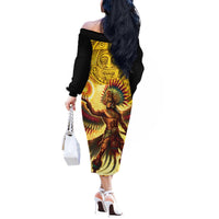 Mexico Panquetzaliztli Off The Shoulder Long Sleeve Dress Huitzilopochtli - Aztec God of Sun and War - Wonder Print Shop