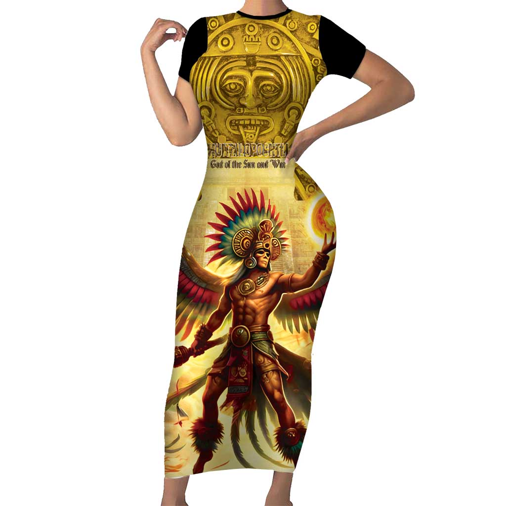 Mexico Panquetzaliztli Short Sleeve Bodycon Dress Huitzilopochtli - Aztec God of Sun and War - Wonder Print Shop