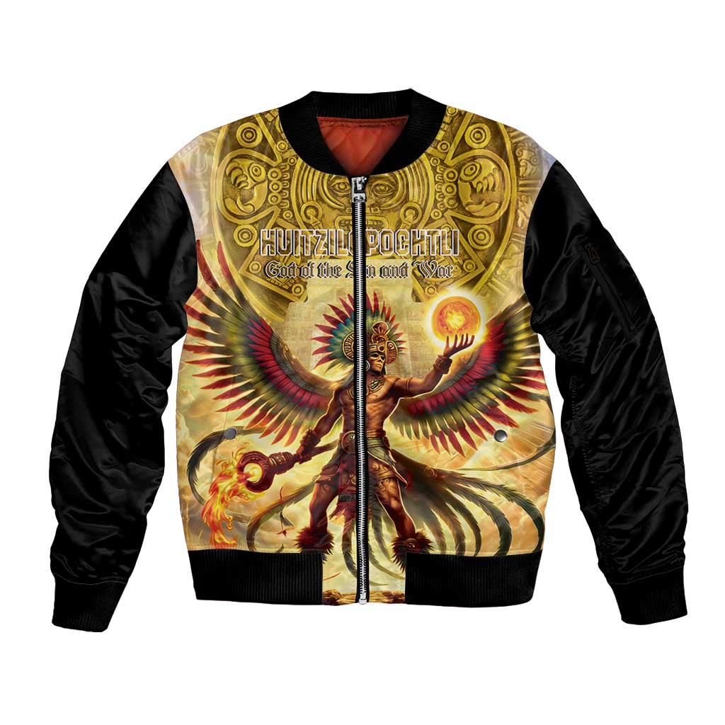 Mexico Panquetzaliztli Sleeve Zip Bomber Jacket Huitzilopochtli - Aztec God of Sun and War - Wonder Print Shop