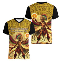 Mexico Panquetzaliztli Women V-Neck T-Shirt Huitzilopochtli - Aztec God of Sun and War - Wonder Print Shop