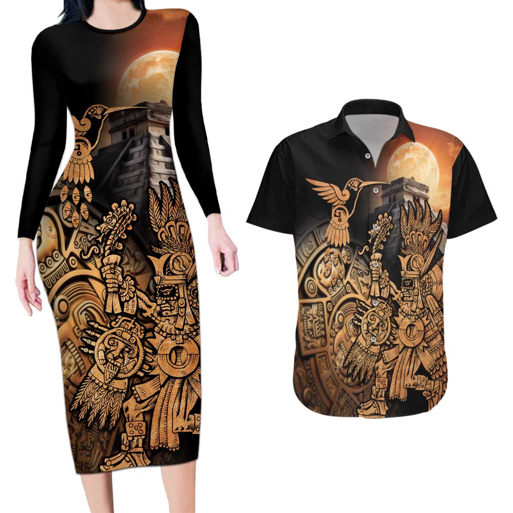 Mexico Warrior Couples Matching Long Sleeve Bodycon Dress and Hawaiian Shirt Huitzilopochtli With Aztec Hummingbird - Wonder Print Shop