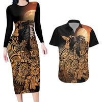 Mexico Warrior Couples Matching Long Sleeve Bodycon Dress and Hawaiian Shirt Huitzilopochtli With Aztec Hummingbird - Wonder Print Shop