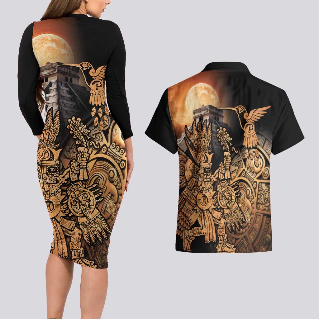 Mexico Warrior Couples Matching Long Sleeve Bodycon Dress and Hawaiian Shirt Huitzilopochtli With Aztec Hummingbird - Wonder Print Shop