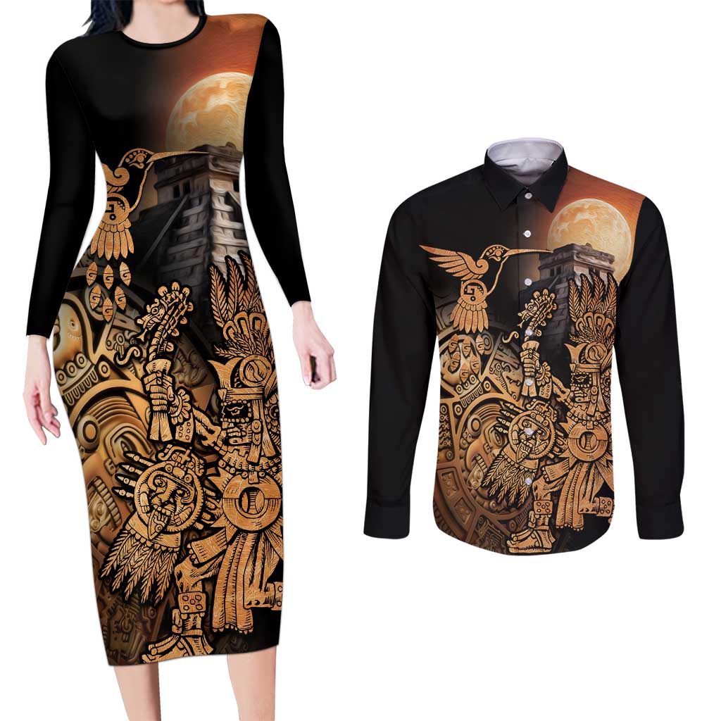 Mexico Warrior Couples Matching Long Sleeve Bodycon Dress and Long Sleeve Button Shirt Huitzilopochtli With Aztec Hummingbird - Wonder Print Shop