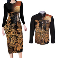 Mexico Warrior Couples Matching Long Sleeve Bodycon Dress and Long Sleeve Button Shirt Huitzilopochtli With Aztec Hummingbird - Wonder Print Shop