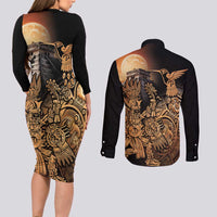 Mexico Warrior Couples Matching Long Sleeve Bodycon Dress and Long Sleeve Button Shirt Huitzilopochtli With Aztec Hummingbird - Wonder Print Shop