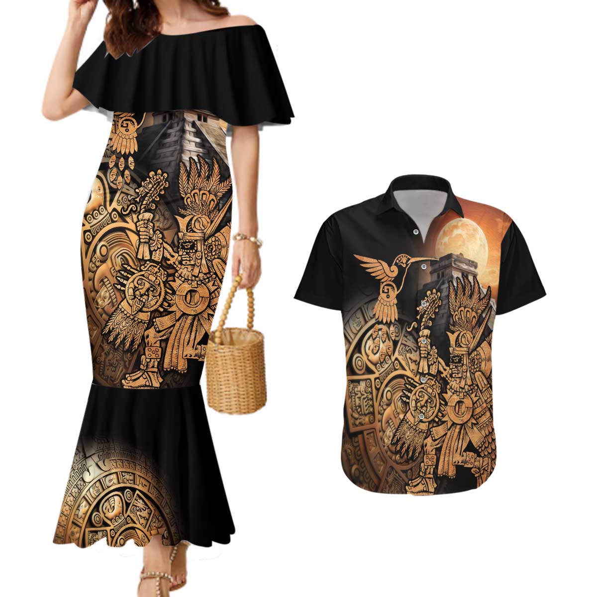 Mexico Warrior Couples Matching Mermaid Dress and Hawaiian Shirt Huitzilopochtli With Aztec Hummingbird - Wonder Print Shop