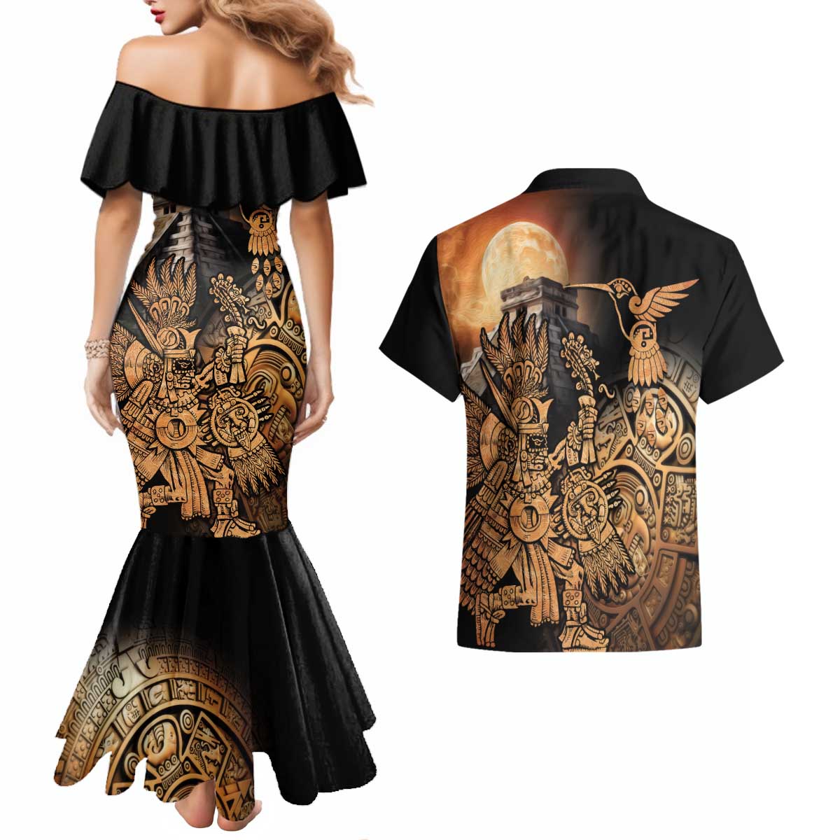 Mexico Warrior Couples Matching Mermaid Dress and Hawaiian Shirt Huitzilopochtli With Aztec Hummingbird - Wonder Print Shop