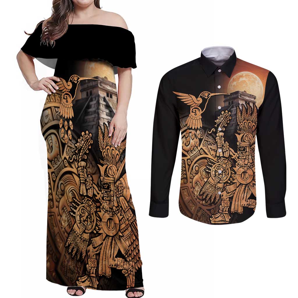 Mexico Warrior Couples Matching Off Shoulder Maxi Dress and Long Sleeve Button Shirt Huitzilopochtli With Aztec Hummingbird - Wonder Print Shop