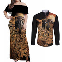 Mexico Warrior Couples Matching Off Shoulder Maxi Dress and Long Sleeve Button Shirt Huitzilopochtli With Aztec Hummingbird - Wonder Print Shop