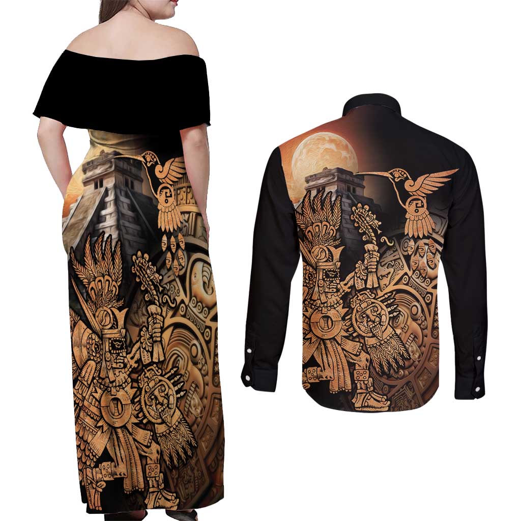 Mexico Warrior Couples Matching Off Shoulder Maxi Dress and Long Sleeve Button Shirt Huitzilopochtli With Aztec Hummingbird - Wonder Print Shop