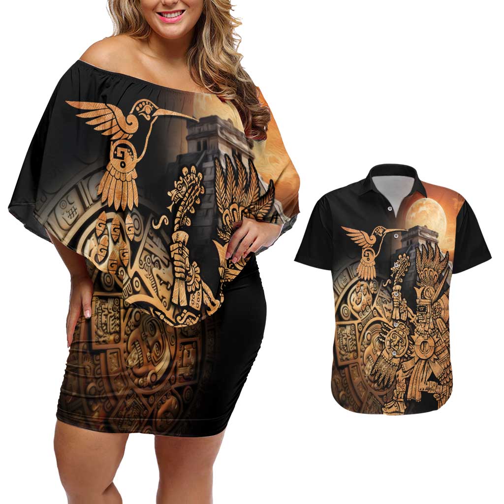 Mexico Warrior Couples Matching Off Shoulder Short Dress and Hawaiian Shirt Huitzilopochtli With Aztec Hummingbird - Wonder Print Shop