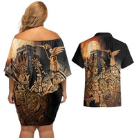 Mexico Warrior Couples Matching Off Shoulder Short Dress and Hawaiian Shirt Huitzilopochtli With Aztec Hummingbird - Wonder Print Shop