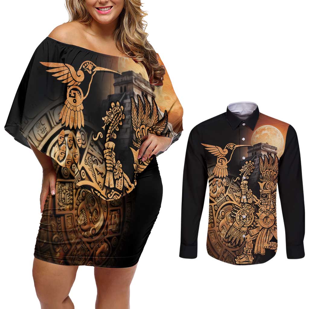 Mexico Warrior Couples Matching Off Shoulder Short Dress and Long Sleeve Button Shirt Huitzilopochtli With Aztec Hummingbird - Wonder Print Shop