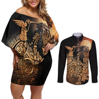 Mexico Warrior Couples Matching Off Shoulder Short Dress and Long Sleeve Button Shirt Huitzilopochtli With Aztec Hummingbird - Wonder Print Shop