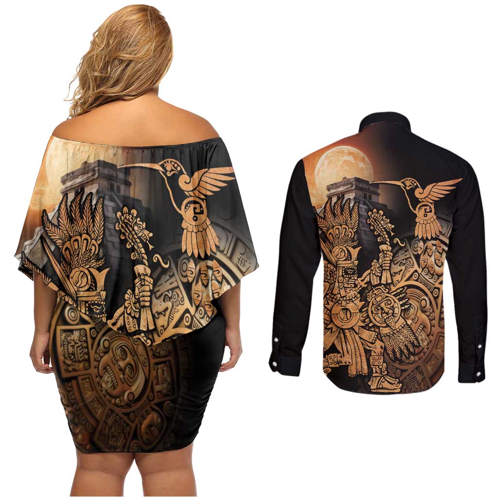 Mexico Warrior Couples Matching Off Shoulder Short Dress and Long Sleeve Button Shirt Huitzilopochtli With Aztec Hummingbird - Wonder Print Shop