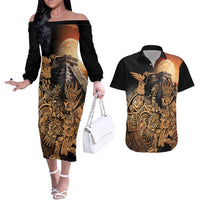 Mexico Warrior Couples Matching Off The Shoulder Long Sleeve Dress and Hawaiian Shirt Huitzilopochtli With Aztec Hummingbird - Wonder Print Shop