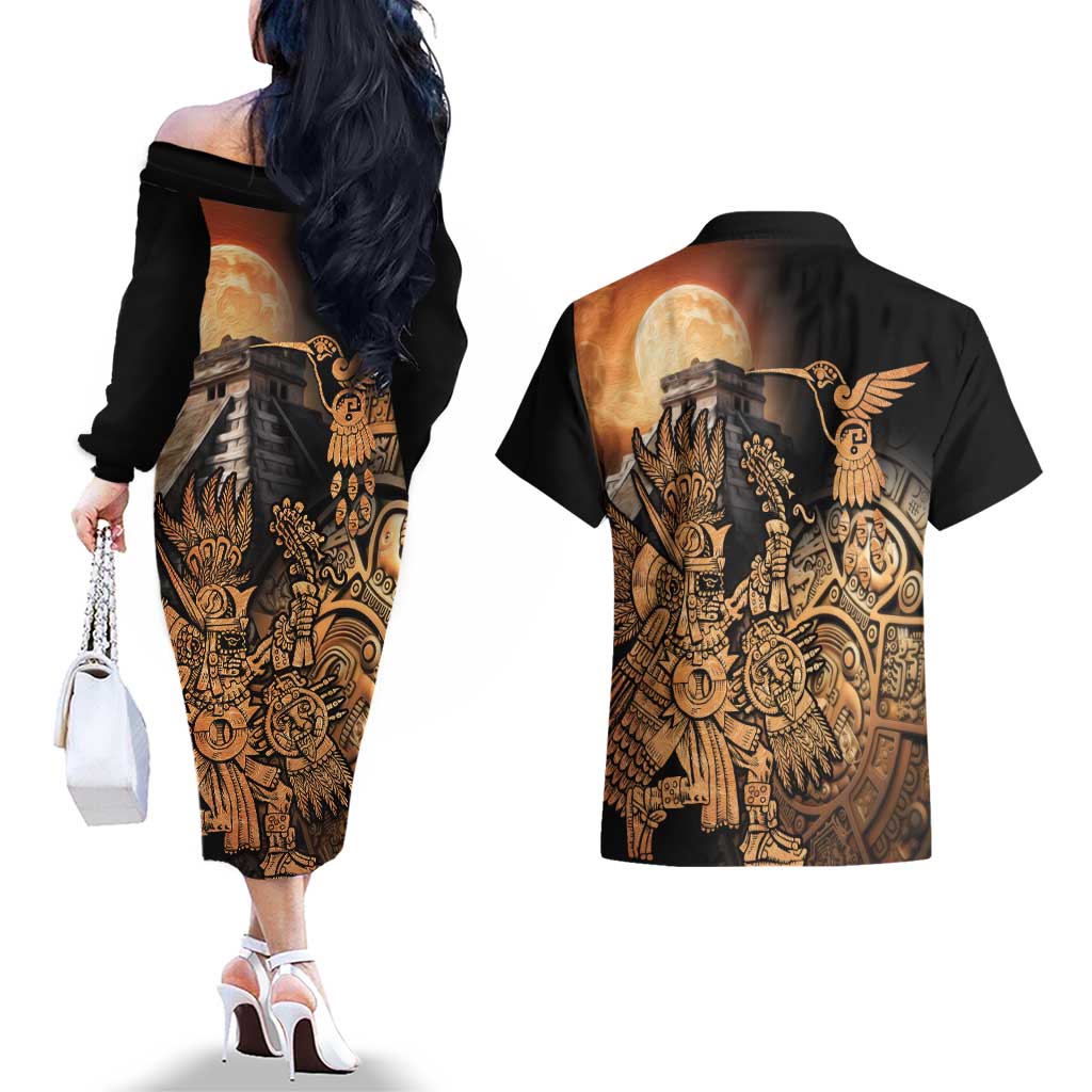 Mexico Warrior Couples Matching Off The Shoulder Long Sleeve Dress and Hawaiian Shirt Huitzilopochtli With Aztec Hummingbird - Wonder Print Shop