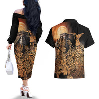 Mexico Warrior Couples Matching Off The Shoulder Long Sleeve Dress and Hawaiian Shirt Huitzilopochtli With Aztec Hummingbird - Wonder Print Shop