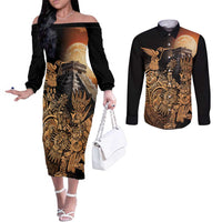 Mexico Warrior Couples Matching Off The Shoulder Long Sleeve Dress and Long Sleeve Button Shirt Huitzilopochtli With Aztec Hummingbird