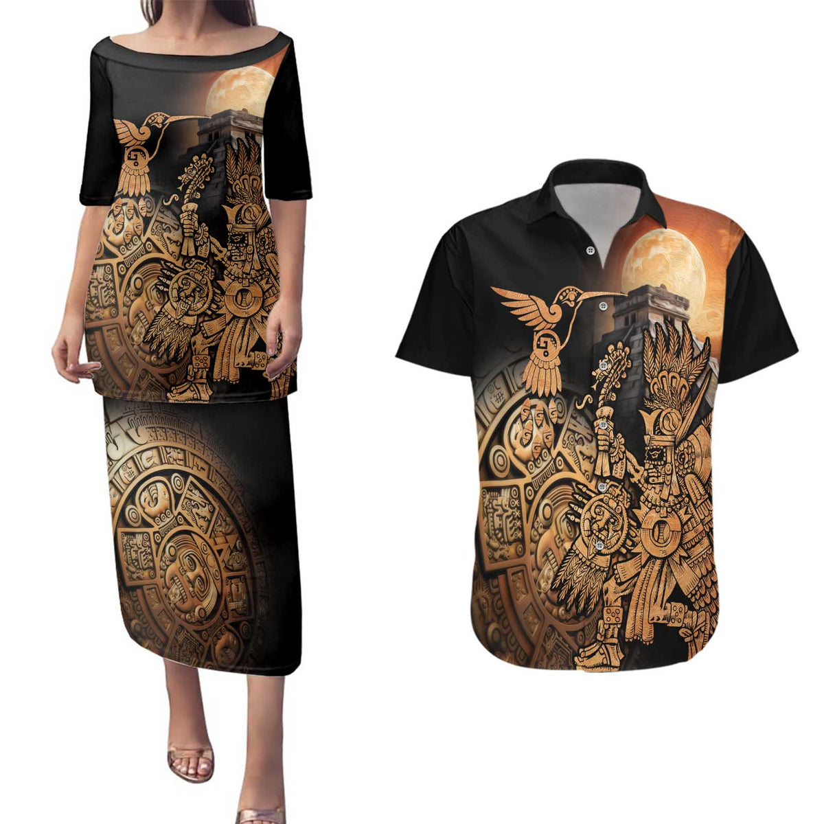 Mexico Warrior Couples Matching Puletasi and Hawaiian Shirt Huitzilopochtli With Aztec Hummingbird - Wonder Print Shop
