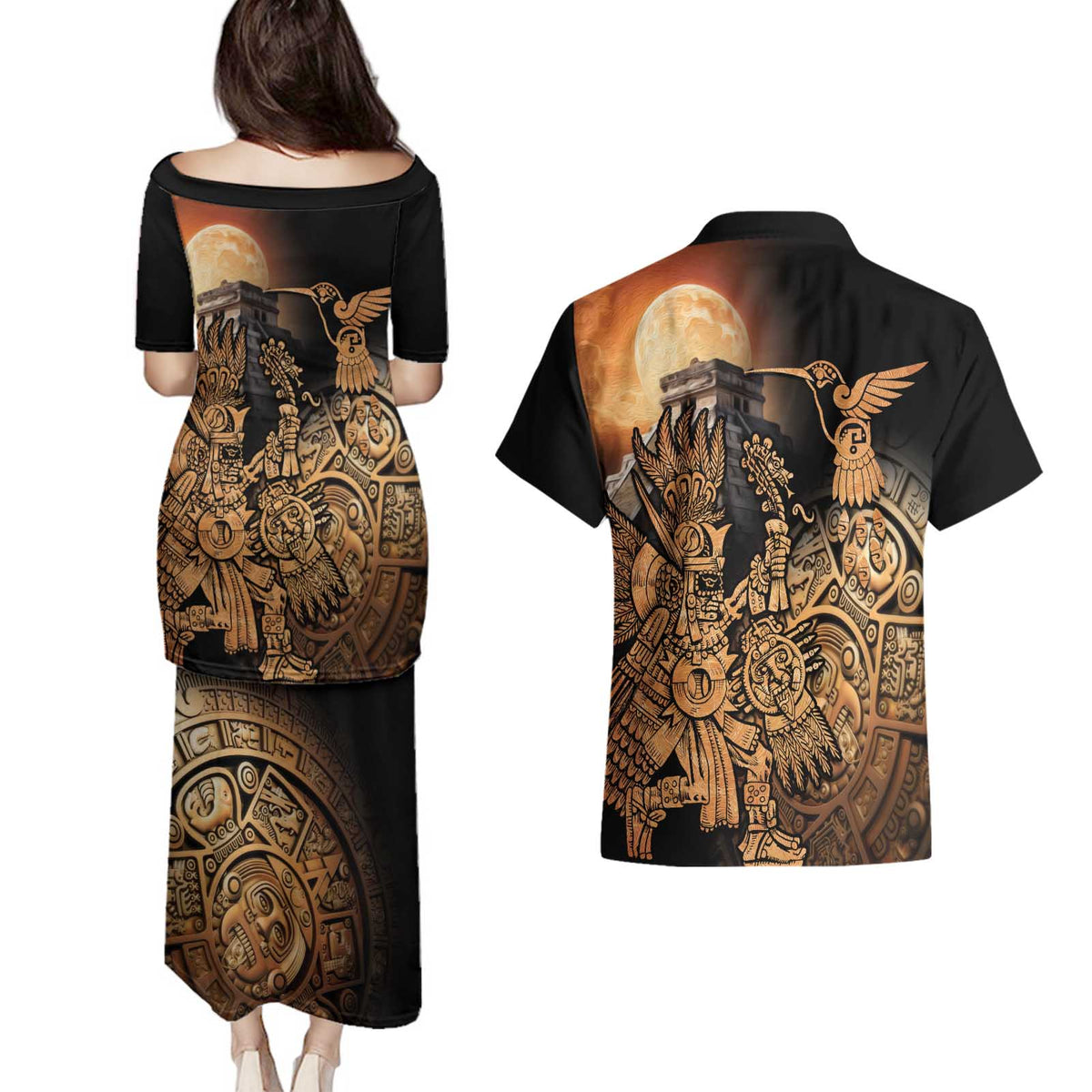 Mexico Warrior Couples Matching Puletasi and Hawaiian Shirt Huitzilopochtli With Aztec Hummingbird - Wonder Print Shop