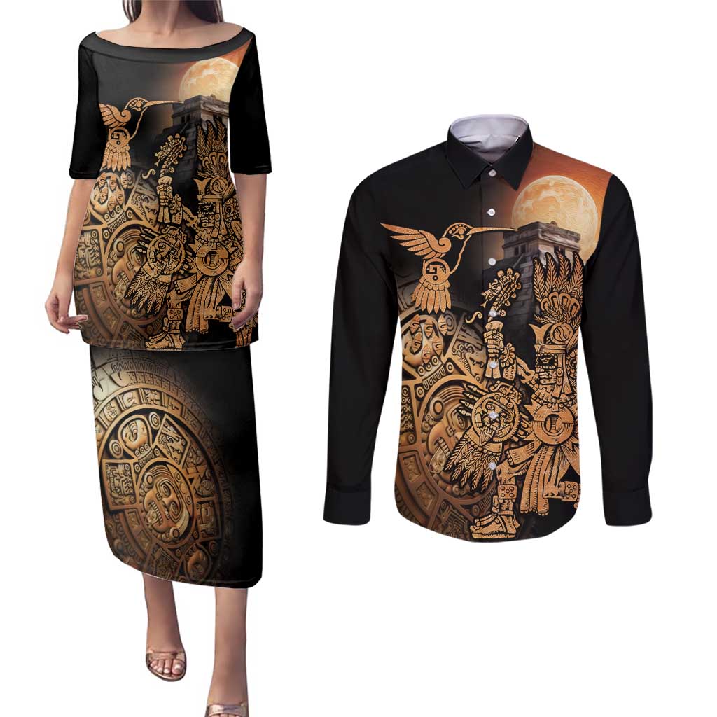 Mexico Warrior Couples Matching Puletasi and Long Sleeve Button Shirt Huitzilopochtli With Aztec Hummingbird - Wonder Print Shop