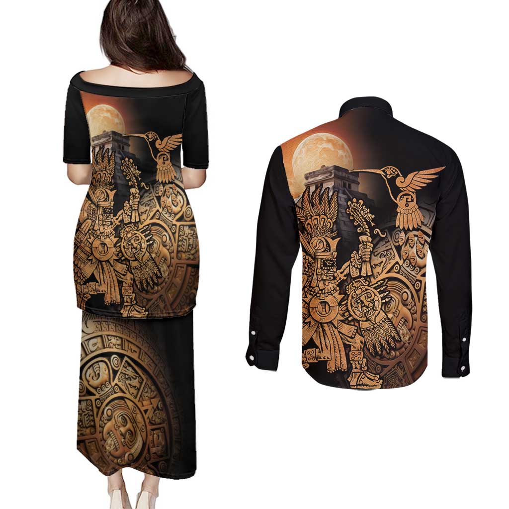 Mexico Warrior Couples Matching Puletasi and Long Sleeve Button Shirt Huitzilopochtli With Aztec Hummingbird - Wonder Print Shop