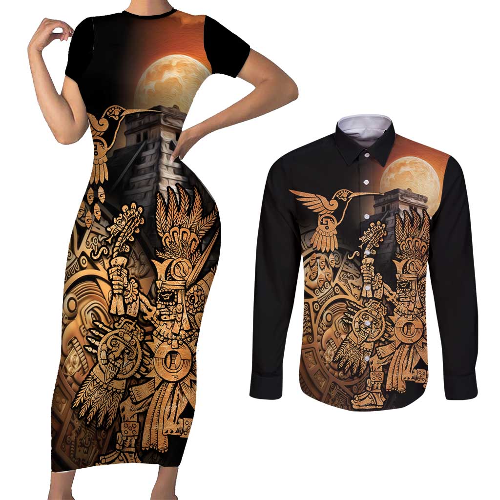 Mexico Warrior Couples Matching Short Sleeve Bodycon Dress and Long Sleeve Button Shirt Huitzilopochtli With Aztec Hummingbird - Wonder Print Shop