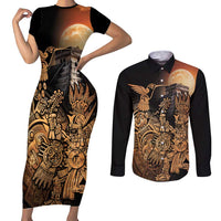 Mexico Warrior Couples Matching Short Sleeve Bodycon Dress and Long Sleeve Button Shirt Huitzilopochtli With Aztec Hummingbird - Wonder Print Shop