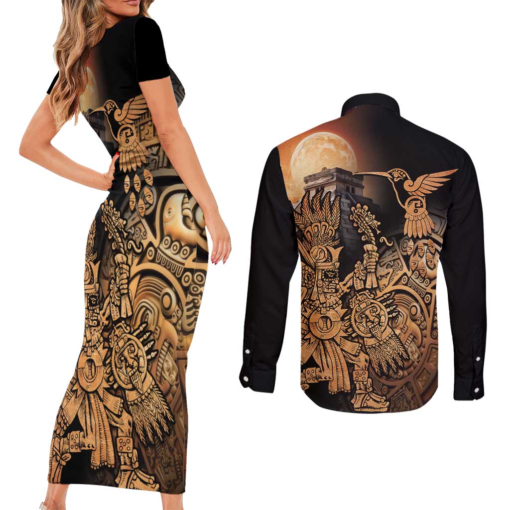Mexico Warrior Couples Matching Short Sleeve Bodycon Dress and Long Sleeve Button Shirt Huitzilopochtli With Aztec Hummingbird - Wonder Print Shop