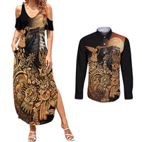 Mexico Warrior Couples Matching Summer Maxi Dress and Long Sleeve Button Shirt Huitzilopochtli With Aztec Hummingbird - Wonder Print Shop