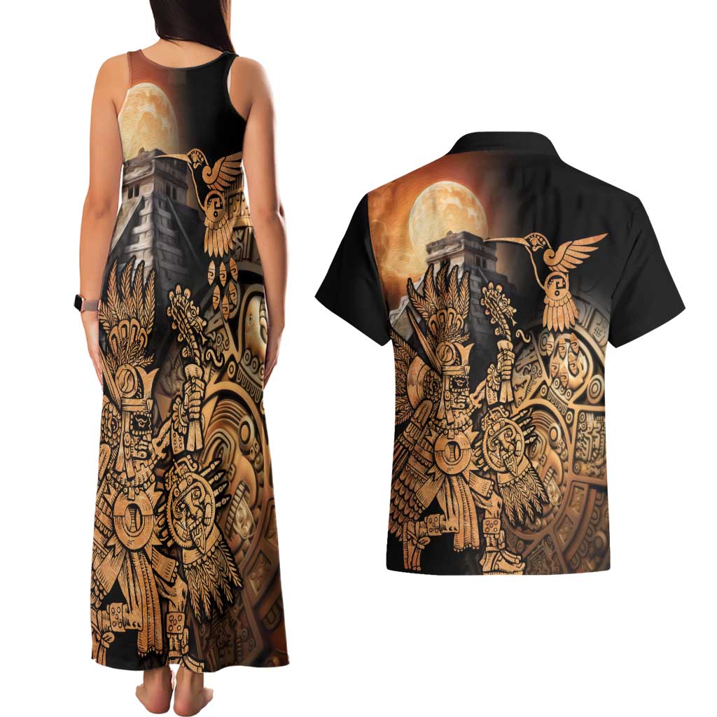 Mexico Warrior Couples Matching Tank Maxi Dress and Hawaiian Shirt Huitzilopochtli With Aztec Hummingbird - Wonder Print Shop