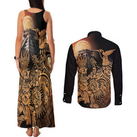 Mexico Warrior Couples Matching Tank Maxi Dress and Long Sleeve Button Shirt Huitzilopochtli With Aztec Hummingbird - Wonder Print Shop