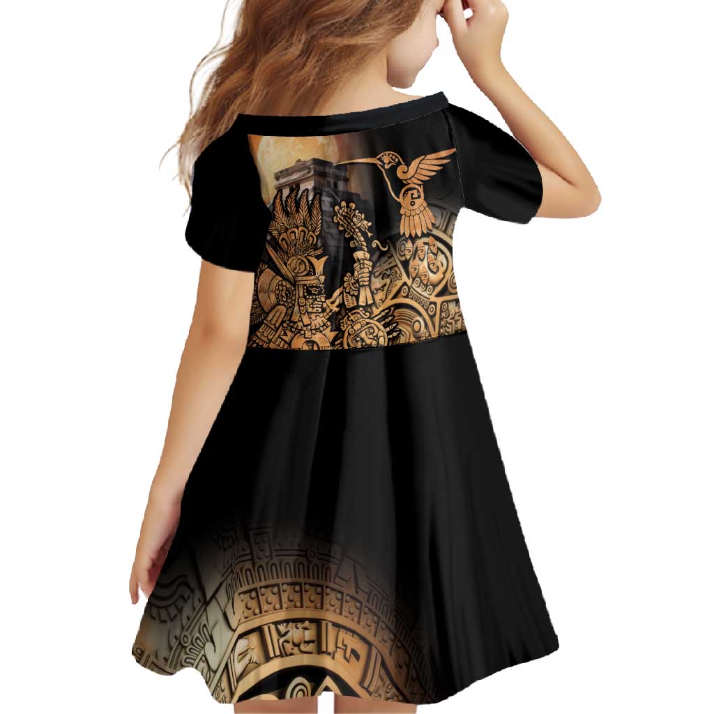 Mexico Warrior Family Matching Long Sleeve Bodycon Dress and Hawaiian Shirt Huitzilopochtli With Aztec Hummingbird - Wonder Print Shop